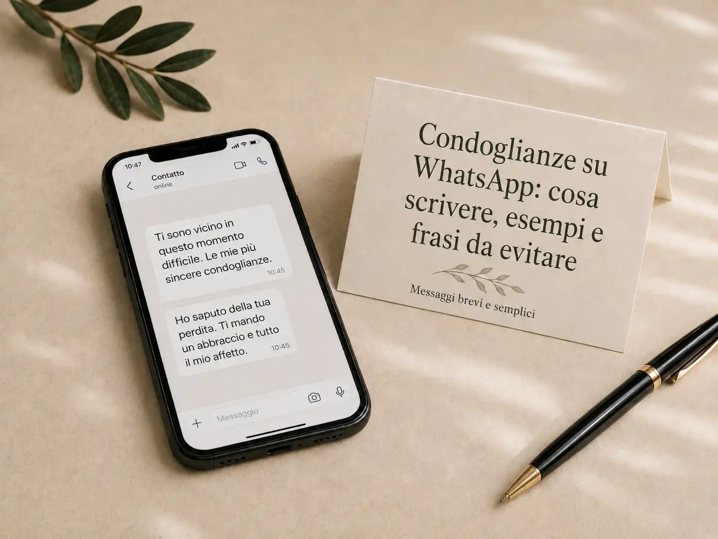 Smartphone con messaggi di condoglianze su WhatsApp accanto a un biglietto con il titolo “Condoglianze su WhatsApp: cosa scrivere, esempi e frasi da evitare