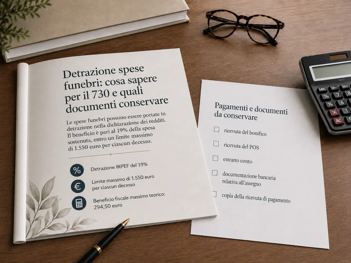 Pagina informativa sulla detrazione delle spese funebri nel 730 accanto a una checklist dei pagamenti e documenti da conservare.