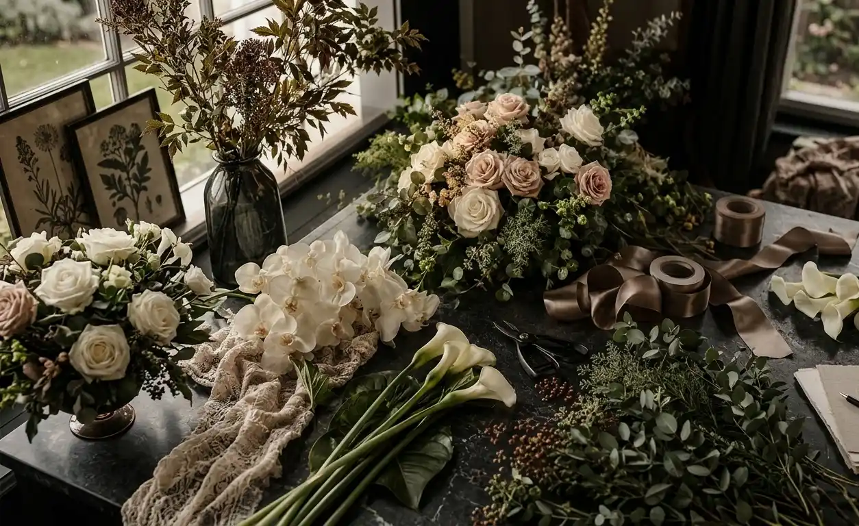 Preparazione di una composizione floreale per funerale con rose cipria, calle e orchidee bianche sul tavolo del fioraio.