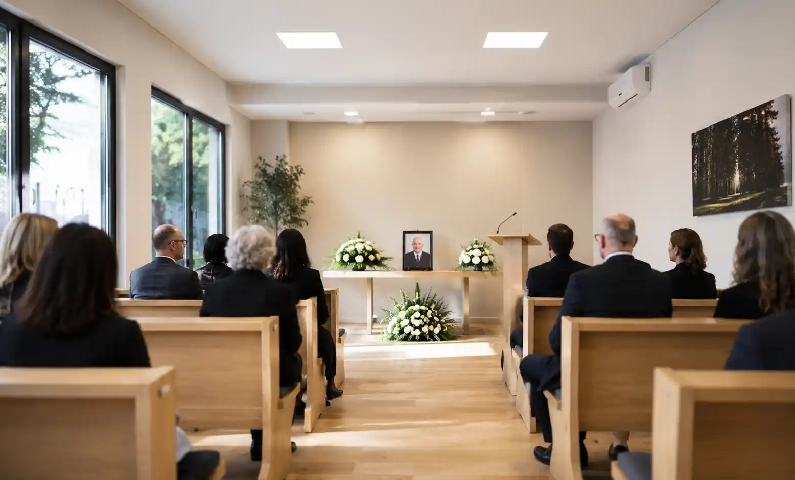 Cerimonia del commiato con familiari e amici riuniti per un funerale laico